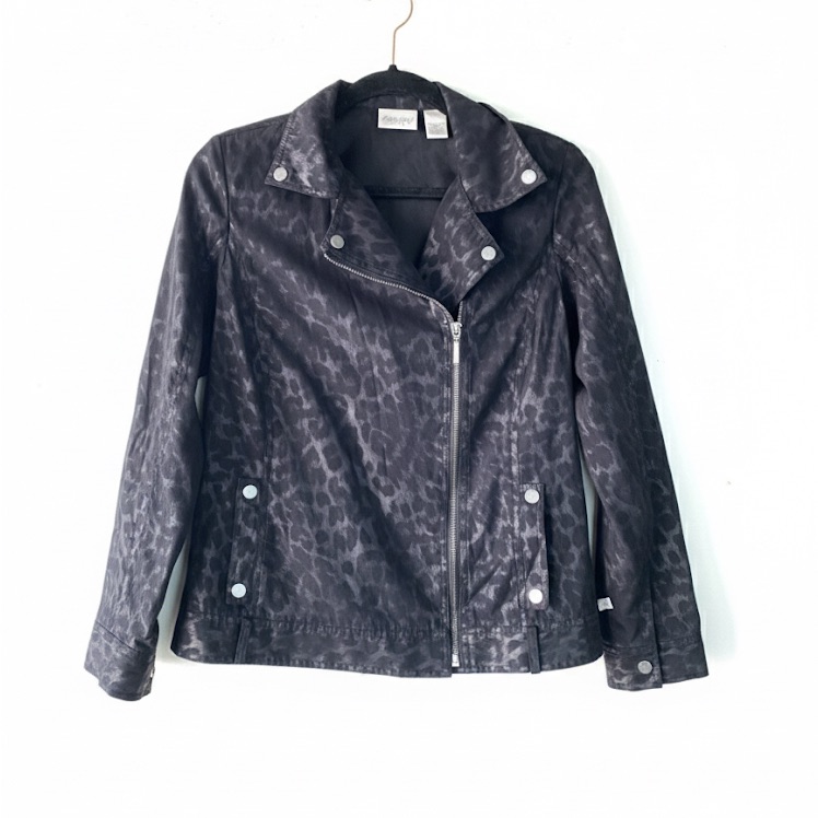 Zenergy By Chico's Black Leopard Print Moto Jacket Size 0 (Fits Us 4/S) Biker